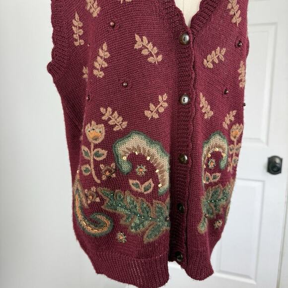 VTG 90s Koret Paisley Embroidered Sweater Vest Women S Knit Bead Sequin Grandma - Picture 4 of 12